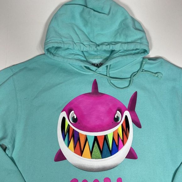 Tekashi GOOBA Sweatshirt Unisex  Hoodie Shark Rainbow Aqua Size M Oversized Flaw - Picture 2 of 11